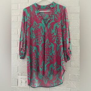 Pink and Green Damask Tunic 3/4 Length Sleeve M Loose Fit Resort Wear Vacay